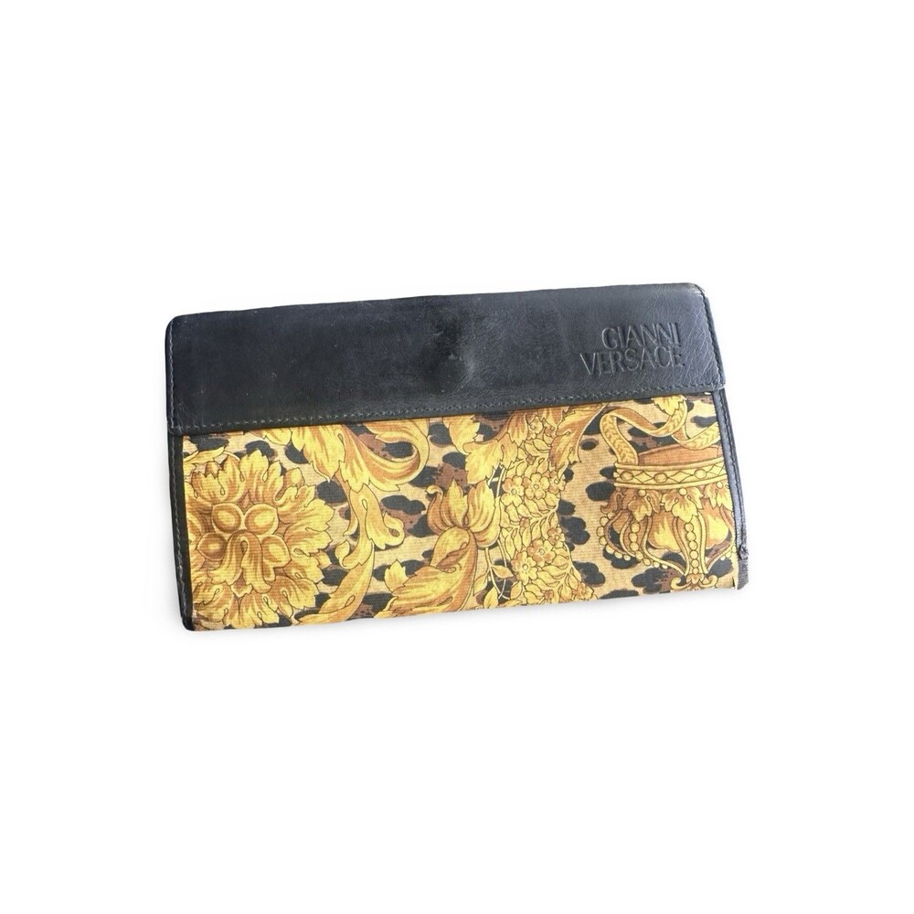 Vintage Gianni Versace Baroque Leopard Print Leather Long Wallet - Rare GUC